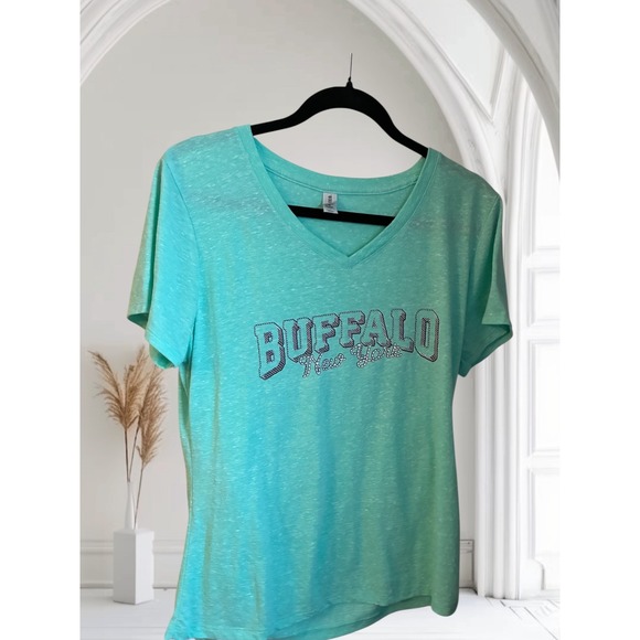 Jerzees Buffalo New York Teal V-Neck Short Sleeve T-Shirt Ladies L - Picture 1 of 7